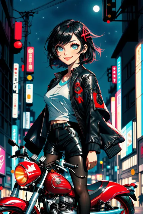 a woman in a leather jacket standing next to a motorcycle