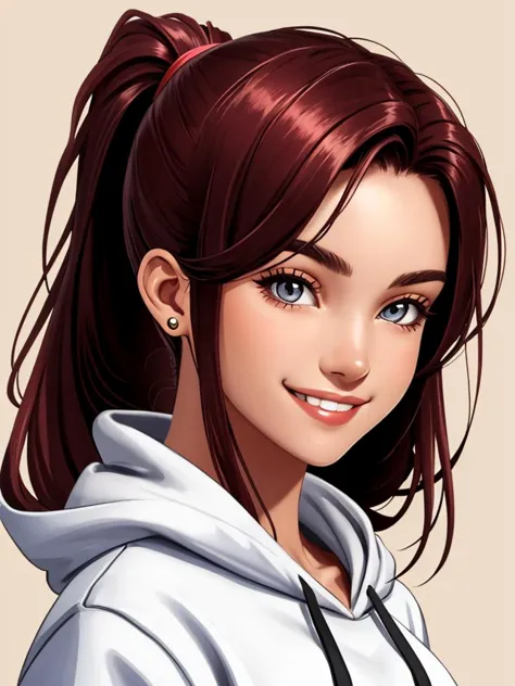 a close up of a woman with a ponytail and a hoodie