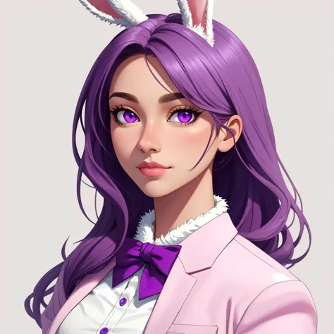 anime girl with purple hair and bunny ears wearing a pink suit