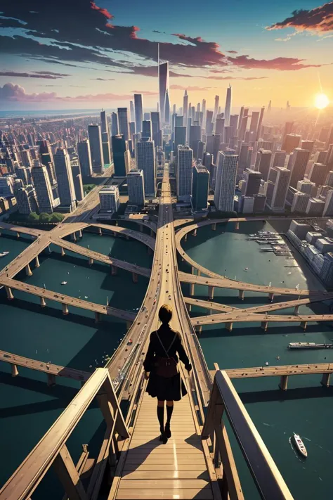 a person standing on a bridge looking at a city skyline