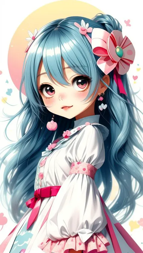 a girl with blue hair and a pink bow is standing in front of a flower background