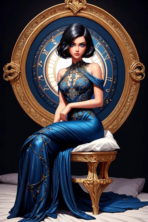 a woman in a blue dress sitting on a chair in front of a clock