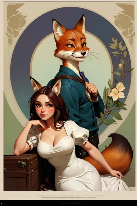 a character concept art of anthropomorphic furry fox wearing white dress, artstation, zootopia style, by gil elvgren and alphonse mucha