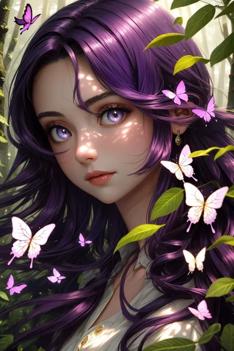 (masterpiece), best quality, expressive eyes, perfect face  A young woman, long curly hair, purple hair, attractive leaves, 26 years old, looks beautiful, elegant, calm, the background is a light purple tone, natural, there are butterflies that radiate beauty. A shelf hangs behind it. forest
<lora:beautiful detailed eyes:0.8>
<lora:Furtastic_Detailer:1>