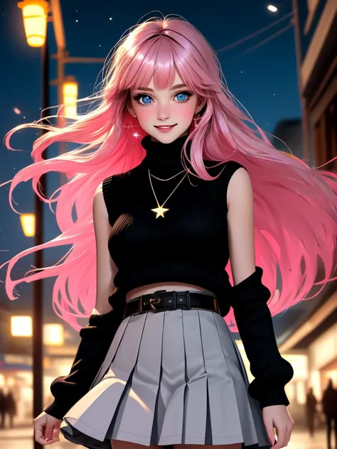 a woman with pink hair and a black top is standing in a city