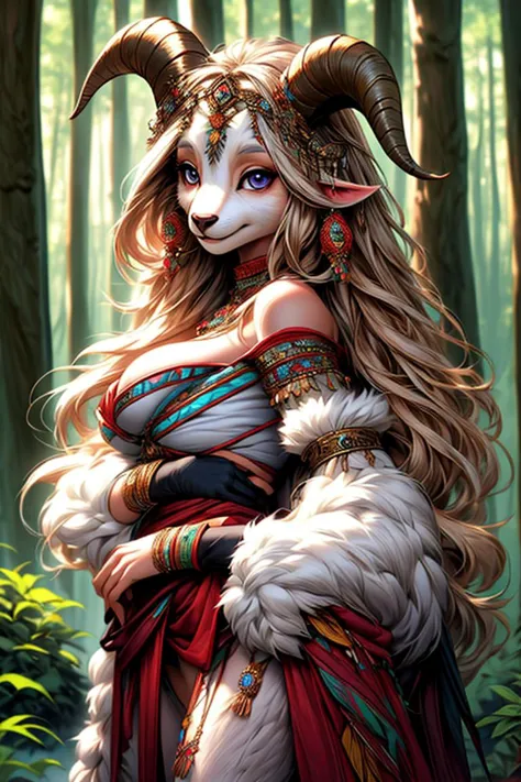 sheep, anthro, furry, female, feminine, fur, detailed fluffy white fur, horns
digital art, (realistic:0.3), cartoon, detailed lines, visually stunning
(detailed lighting, depth of field:0.9), detailed color, vivid color
perfect hands, detailed hands
(beautiful, cute, fluffy:1.2), detailed body, perfect breasts, 1girl, solo, smile
vagina
outdoors, nature, tribal accessories, tribal clothes
<lora:PK-FurryMix-128:1> <lora:more_details:0.7>
<lora:midjourney_20230624181825:0.5> midjourney
<lora:wrenchsfantasy:1> wrenchsfantasy, fantasy, glowing