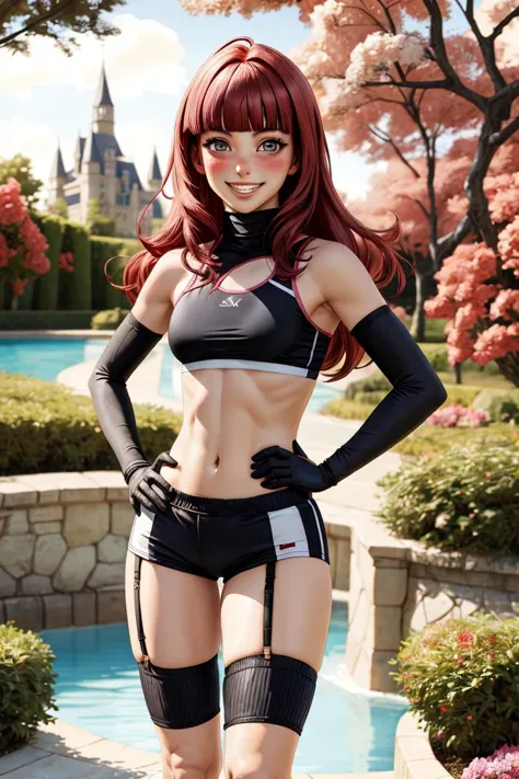 depth of field, high saturation, high contrast, HDR, Ray tracing, detailed scenery
BREAK
expressive eyes, perfect face, distinct facial features, proportional body, 1girl, hourglass body, fit body, (abs:0.7), navel, midriff, large breasts, round breasts, narrow hips, low hips, pale skin, pink lips
BREAK
standing, ((contrapposto)), ((hands on hips)), looking at viewer, fantasy settings, outdoors, castle, floating island, flower garden, small bridge, small fountain, smiling, confident smile, (((blushing))), aroused, (seductive smile:0.7), (naughty smile:0.7), (lustful smile:0.7), (smug grin:0.5), mouth open, (teeth clenched:0.7)
BREAK
wrestling outfit, sports bra, logo, ((elbow gloves)), full gloves, short shorts, (((tighhighs))), garter straps, BREAK
kamiya nao, long hair, red hair, blunt bangs
<lora:detailed_eye_V2:0.8>
<lora:Furtastic_Detailer:1>