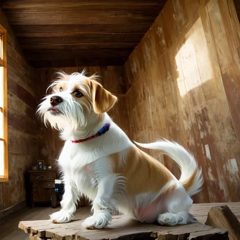 there is a small dog sitting on a wooden platform in a room