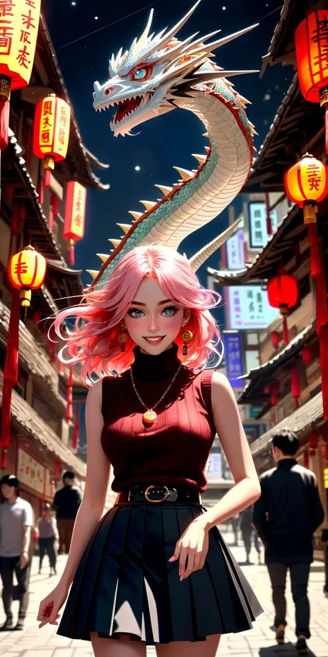 anime girl with pink hair and dragon head in a city