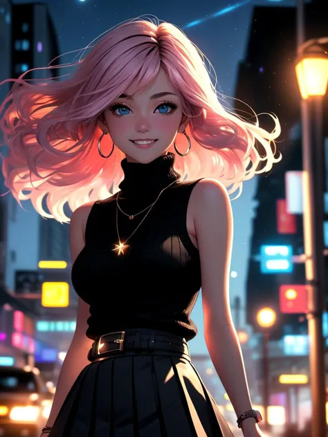 a woman with pink hair and a black top standing in the middle of a city