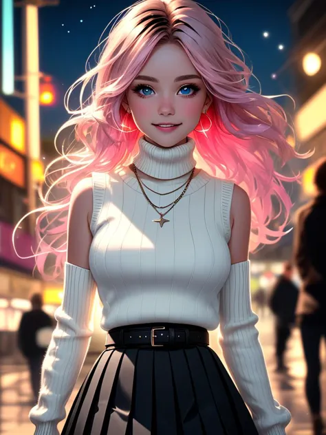 a woman with pink hair and a white top is standing in a city