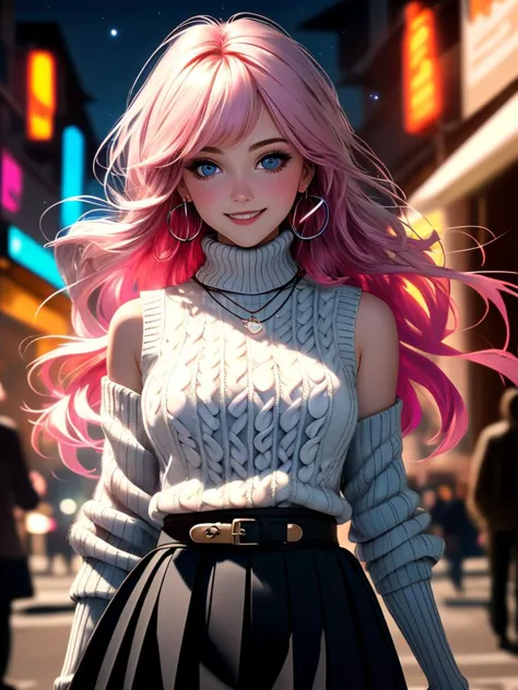 a woman with pink hair and a sweater is walking down the street