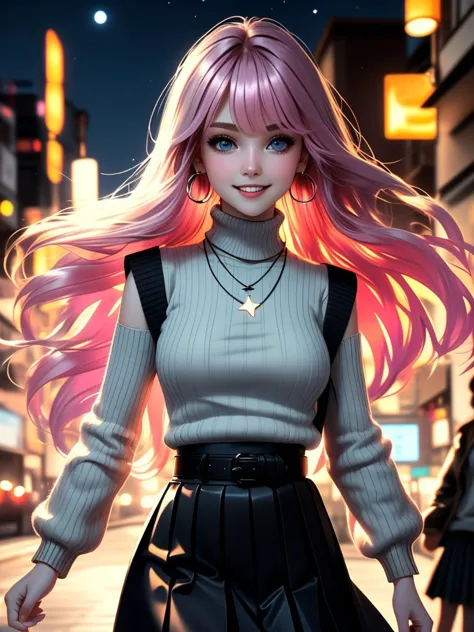 a woman with pink hair walking down a street at night