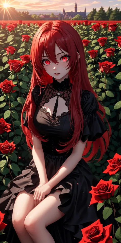 a woman sitting in a field of red roses with a city in the background