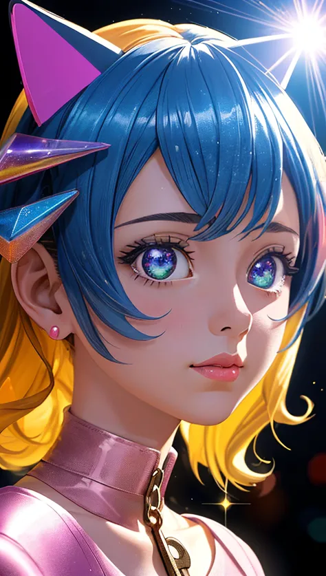 a close up of a woman with blue hair and a cat ear