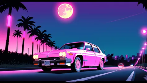 (retrowave), (road), (car), (enormous moon), (palm trees on the side of the road), (pink and blue color scheme), (purple neon lights), 1980s, outside the city
highly detailed, wide shot
\\ Made with ONE FOR ALL checkpoint by Chaos Experience @ https://civitai.com/user/ChaosExperience/ \\