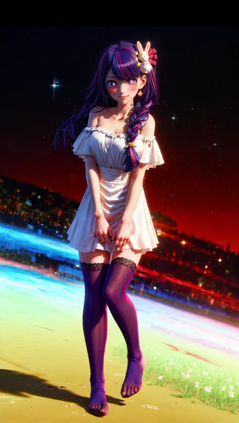 anime girl in short dress standing on a beach at night