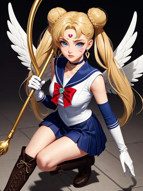 1girl, blonde hair, blue eyes, blue sailor collar, boots, brooch, choker, closed mouth, crescent, crescent earrings, crescent facial mark, double bun, earrings, elbow gloves, facial mark, forehead mark, gloves, hair bun, hair ornament, heart brooch, heart choker, holding, holding staff, holding wand, jewelry, knee boots, layered skirt, long hair, looking at viewer, magical girl, miniskirt, multicolored clothes, multicolored skirt, parted bangs, sailor collar, sailor senshi uniform, skirt, solo, staff, twintails, very long hair, white footwear, white gloves, white wings, wings, detailed eyes, detailed face, detailed hair, specular highlights
\\ Made with ONE FOR ALL checkpoint by Chaos Experience @ https://civitai.com/user/ChaosExperience/ \\