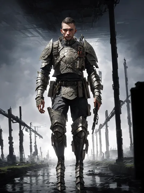 dystopian scene, In a futuristic post-war setting, (a futuristic soldier:1.2) walks towards the camera in a canal, gazing out at the battlefield. the soldier is wearing(intricate armor:1.2). foggy background, casting dramatic shadows. Volumetric lighting, enhancing the ethereal atmosphere of the setting, darkness, rim lighting, detailed:1.2, sharp focus:1.2, realistic:1.3
\\ Made with ONE FOR ALL checkpoint by Chaos Experience @ https://civitai.com/user/ChaosExperience/ \\