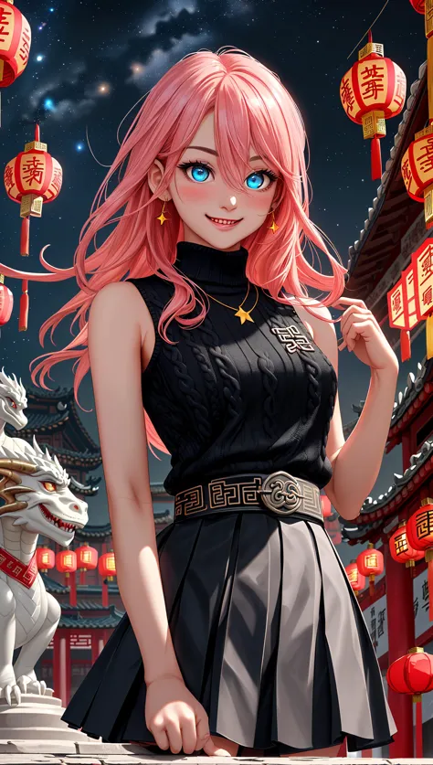 a close up of a person with pink hair and a black dress