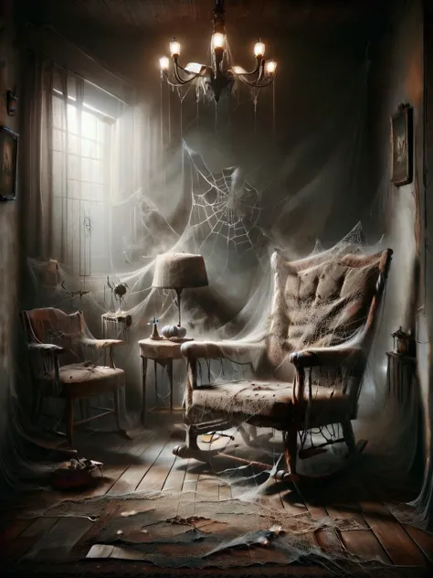 An ais-webz rocking chair, ais-sinisterz, ais-olde, living room with simple furnishings <lora:Cobweb_Style_SDXL:1><lora:Sinister...