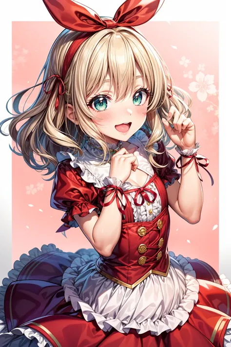 masterpiece:1.2, high quality, best quality, <lora:add_detail:1>, ,highres,hair between eyes,red dress,ribbon,puffy sleeves,idolmaster cinderella girls,1girl,wavy hair,blush,pink background,smile,frilled dress,anniversary,black ribbon,idolmaster,floral background,medium hair,short sleeves,looking at viewer,frills,sidelocks,green eyes,hands up,dress,puffy short sleeves,red ribbon,remiri nicoeli,blonde hair,open mouth,red hairband,buttons,hairband,solo,frilled hairband,sakurai momoka,frilled sleeves,flat chest