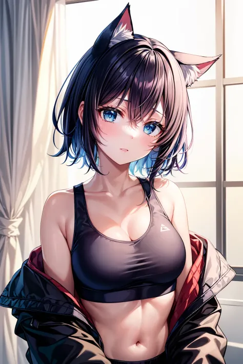 masterpiece:1.2, high quality, best quality, <lora:add_detail:0.8>, ,detailed_background,indoors,highres,neko (solution1988),black jacket,upper body,open clothes,absurdres,blue eyes,open jacket,gradient background,looking at viewer,sports bra,1girl,short h...