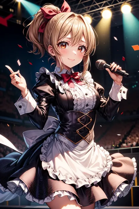 masterpiece:1.2, high quality, best quality, <lora:add_detail:1>, ,apron,confetti,screen,ponytail,ribbon,red bowtie,dot nose,bro...