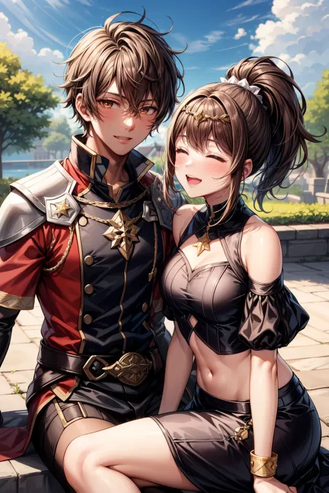 masterpiece:1.2, high quality, best quality, <lora:add_detail:1>, ,crop top,bare shoulders,d4ggerfish,fire emblem,1girl,smile,fogado \(fire emblem\),ponytail,brown eyes,highres,circlet,siblings,fire emblem engage,1boy,hair ornament,skirt,brown hair,closed ...