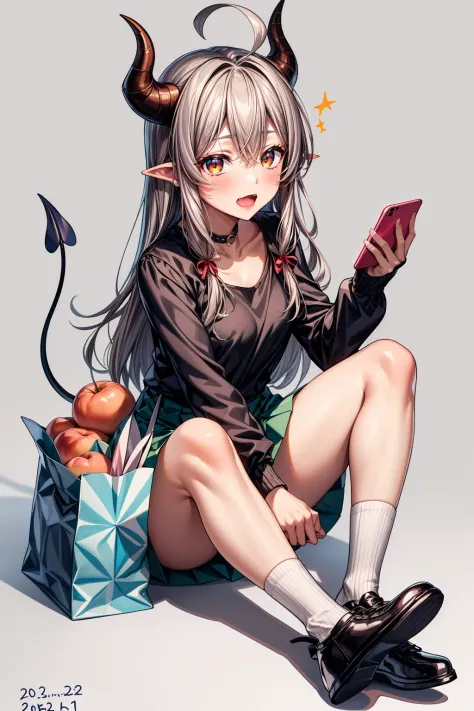 masterpiece:1.2, high quality, best quality, <lora:add_detail:1>, ,smartphone,skin fang,solo,long skirt,demon girl,knees up,hands up,brown hair,demon horns,fruit,holding phone,holding,brown shirt,no shoes,dated commentary,wifi symbol,tail,blush,ahoge,horns...