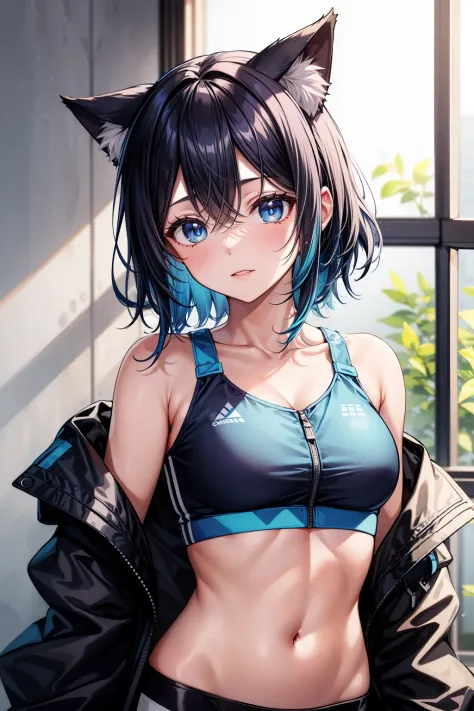 masterpiece:1.2, high quality, best quality, <lora:add_detail:0.8>, ,detailed_background,indoors,highres,neko (solution1988),black jacket,upper body,open clothes,absurdres,blue eyes,open jacket,gradient background,looking at viewer,sports bra,1girl,short hair,bare shoulders,solo,animal ears,blue hair,jacket,crop top,off shoulder,head tilt,cat ears