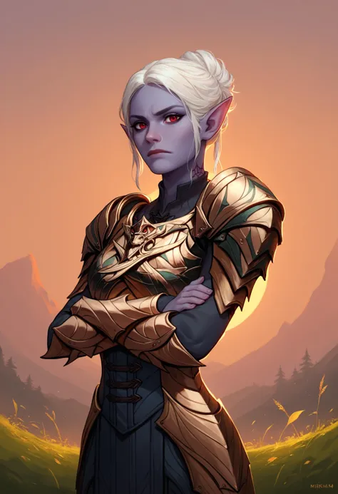 a woman with white hair and a gold armor stands in front of a mountain