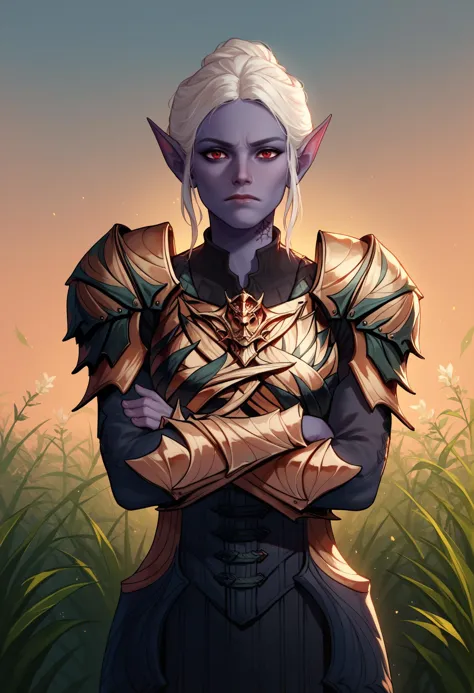 a drawing of a female elf with white hair and a golden armor