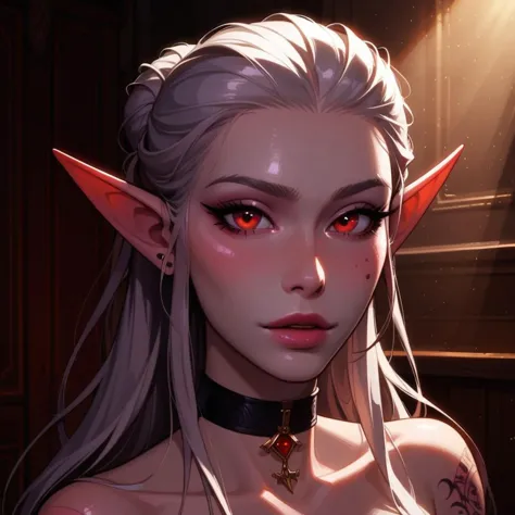 FastNegativeV2, score_9, score_8_up, score_7_up, source_anime, solo, slut, 1girl, drow girl, minthara, tattoos, neck tattoo, dnd, blue skin, detailed face, jawline, collarbone, long hair, collar, cute face, pale skin, smooth skin, toned body, sexy, shiny skin, smooth skin, beautiful eyes, choker, in bedroom, golden hour, (god rays), high contrast shadows, Expressiveh, elegant clothes, MintharaBG3, colored skin, pointy ears, red eyes, hair bun, white hair, flowing hair, MinUnd, plunging neckline, ((covered in tattoos)), ((face tattoos)), ((side portrait)),