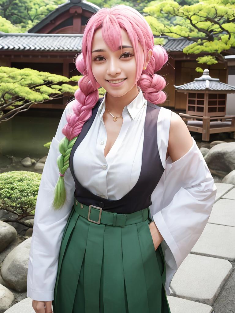 Araffe with pink hair and a white shirt and green skirt - SeaArt AI