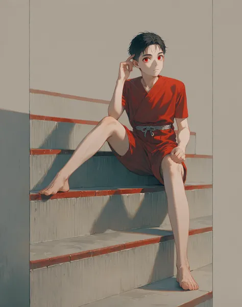 best quality, masterpiece, score_9, score_8_up, score_7_up, rating_safe, source_anime,
1boy, solo, adult, manly, sitting on stairs, cement stairs, red kimono, baggy, black hair, looking at viewer, red eyes,
simple background, empty background, photoshoot,