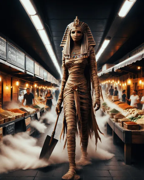 Real estate photography style, mummy with long curly silver hair in (((mummy costume))) strolling through the market choosing sp...