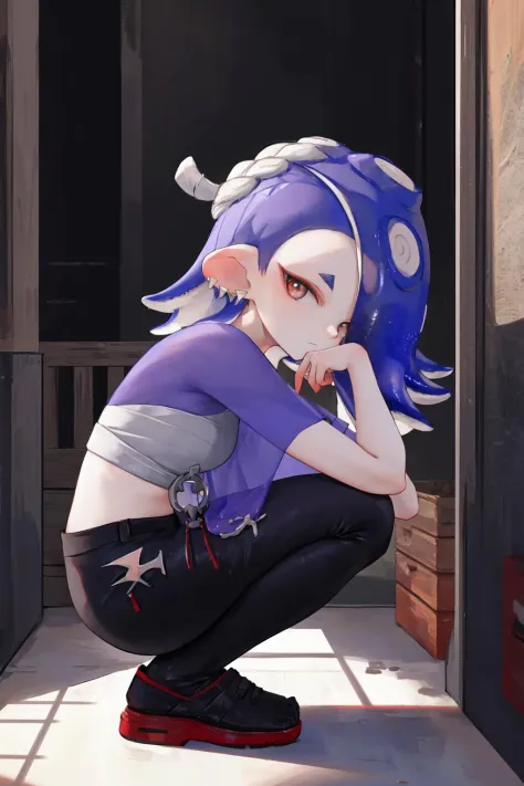 masterpiece, best quality, highres, 1girl shiver default <lora:shiver_splatoon:1> squatting, from side, head rest, looking at vi...