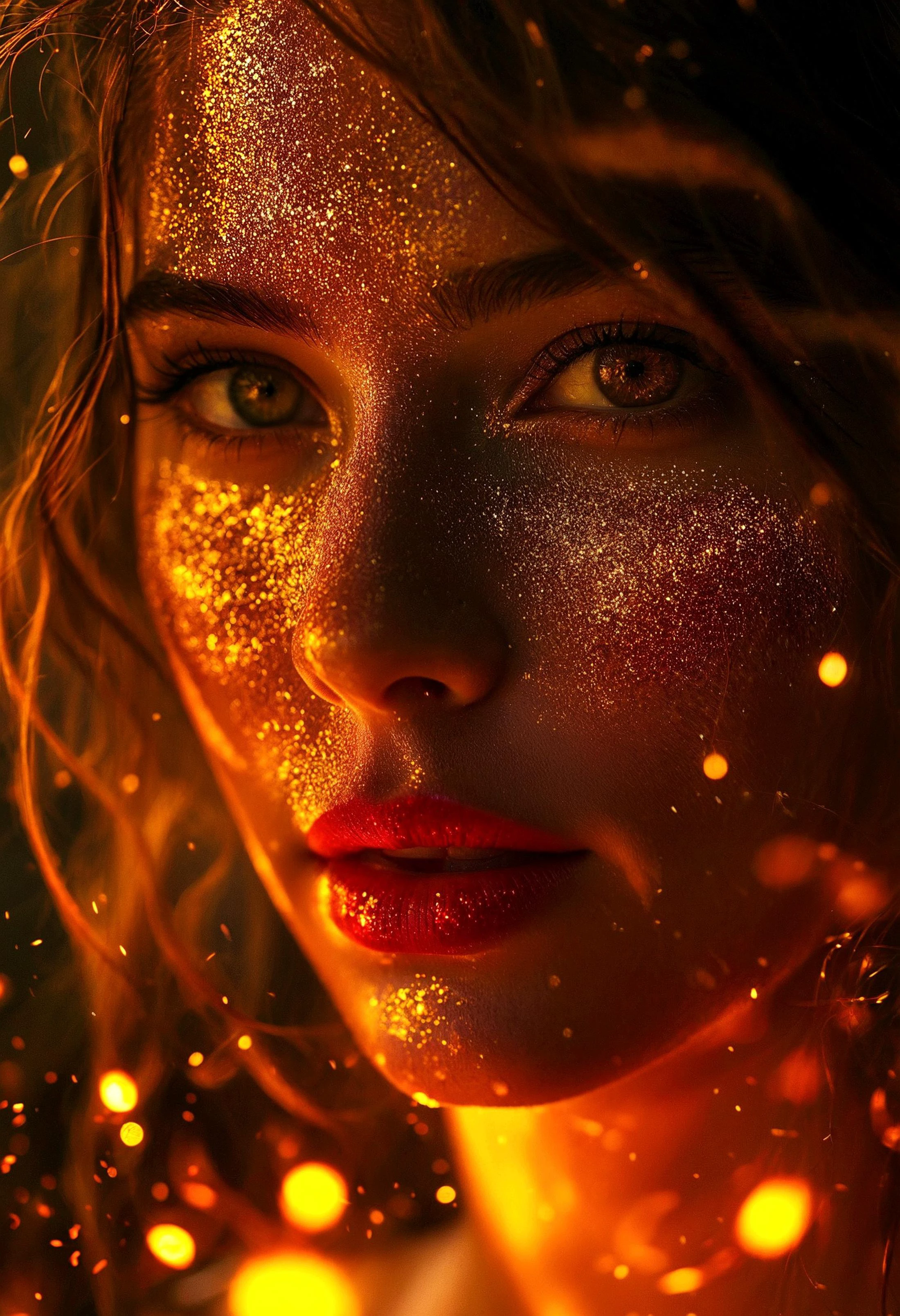 A movie film still of super very close-up portrait of a beautiful 18 year old woman with a mesmerizing and intense gaze, her face illuminated by warm, glowing light. She has glittering gold dust on her face, gold reflection in her eyes, and her lips are a deep, glossy red with shiny sparkles. The background is dark, with sparks and embers floating around her, creating a mystical and fiery atmosphere. Her expression is one of awe and wonder, with eyes reflecting the glowing light. Her hair is slightly messy, adding to the dramatic and ethereal feel of the scene. soaked film, 4k , 8k ,UHD, slightly sweaty skin.