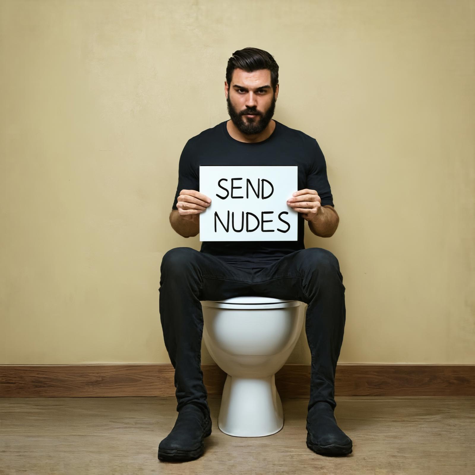 Hombre arafed sentado en un baño sosteniendo un cartel que dice enviar  desnudos - SeaArt AI