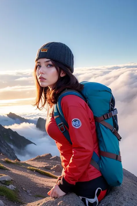 a woman sitting on a rock with a backpack on her back