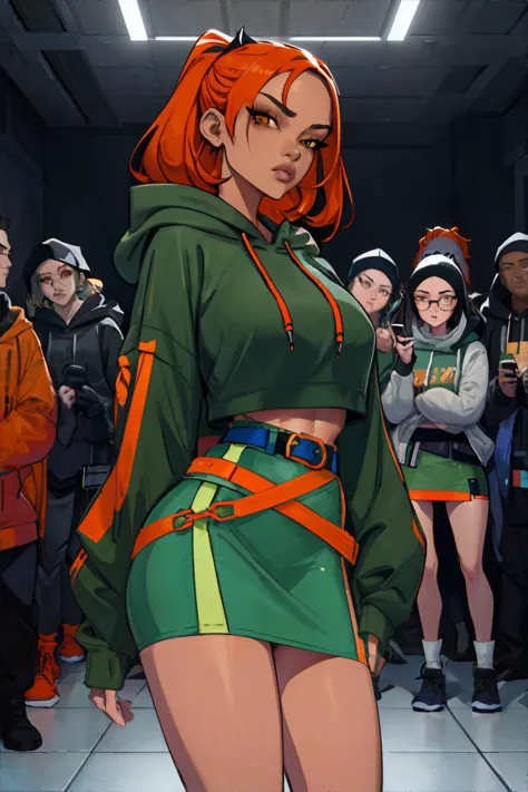 <lora:tightbeltedskirt:1.0>, beautiful woman, wearing Cropped hoodie with an oversized drawstring hood. and belted skirt, miniskirt, ((solo)), (Tangerine, Kelly green, Terracotta palette), masterpiece, 8k, high resolution, shallow depth of field, sharp focus