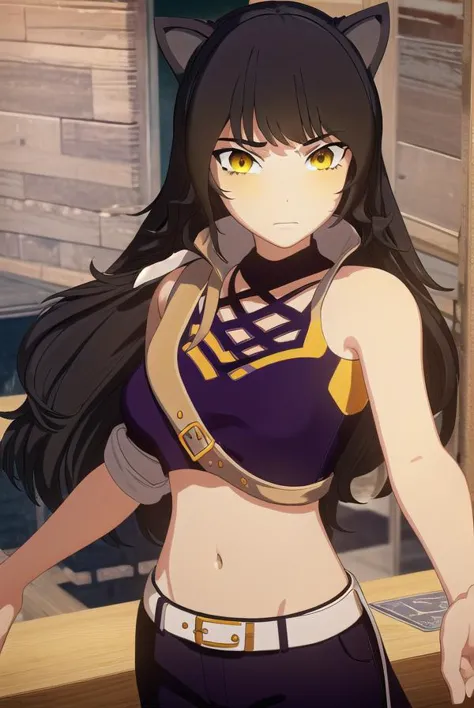 blake, blake, blake belladonna, long hair, black hair, (yellow eyes:1.5), long hair, bangs, animal ears, cat ears,
BREAK navel, midriff, belt, halterneck, criss-cross halter, bare shoulders, bare arms, pants, black pants,
BREAK looking at viewer, full body, (cowboy shot:1.5),
BREAK outdoors, sky,
BREAK (masterpiece:1.2), best quality, high resolution, unity 8k wallpaper, (illustration:0.8), (beautiful detailed eyes:1.6), extremely detailed face, perfect lighting, extremely detailed CG, (perfect hands, perfect anatomy),