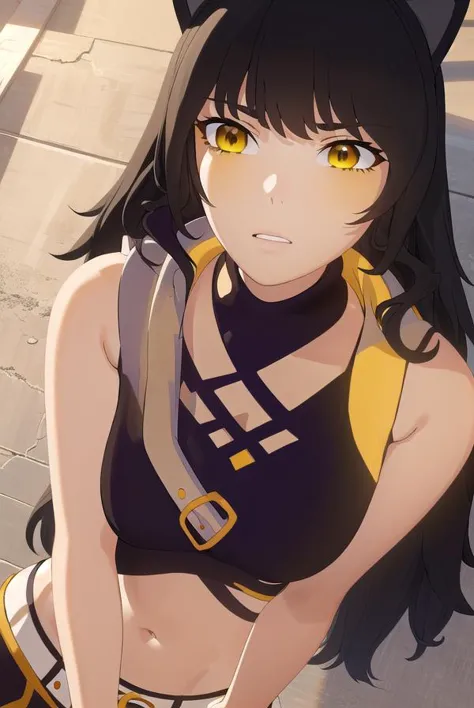 blake, blake, blake belladonna, long hair, black hair, (yellow eyes:1.5), long hair, bangs, animal ears, cat ears,
BREAK navel, midriff, belt, halterneck, criss-cross halter, bare shoulders, bare arms, pants, black pants,
BREAK looking at viewer, full body, (cowboy shot:1.5),
BREAK outdoors, sky,
BREAK (masterpiece:1.2), best quality, high resolution, unity 8k wallpaper, (illustration:0.8), (beautiful detailed eyes:1.6), extremely detailed face, perfect lighting, extremely detailed CG, (perfect hands, perfect anatomy),