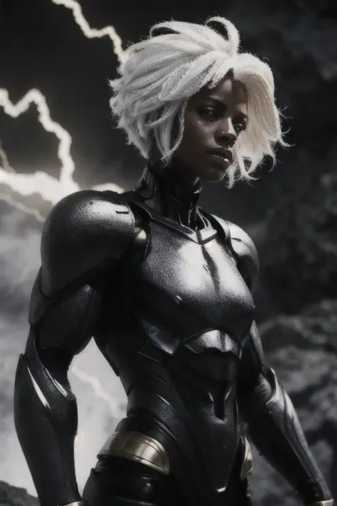 black humanoid femade of rock, upper body, barechested, male, ((masterpiece, best quality)), cracked skin, white electricity coming through cracks, muscular female, (dragonborn:0.6), white hair outdoors, detailed background, depth of field