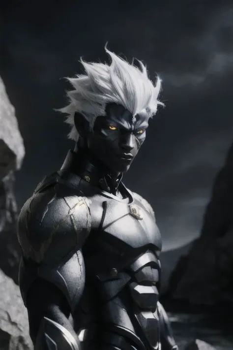 black humanoid made of rock, upper body, barechested, male, ((masterpiece, best quality)), cracked skin, white electricity coming through cracks, muscular male, (dragonborn:0.6), white hair outdoors, detailed background ,dragonborn, AnimeRage, Cracked Skin , depth of field