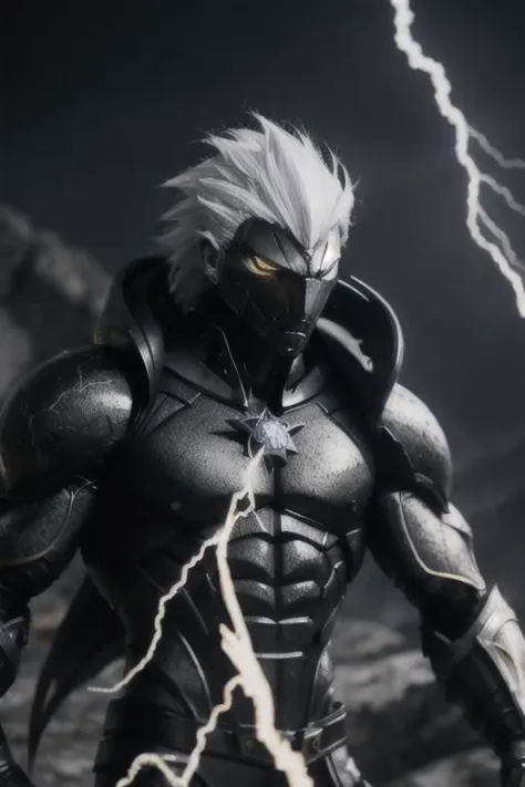 black humanoid made of rock, upper body, barechested, male, ((masterpiece, best quality)), cracked skin, white electricity coming through cracks, muscular male, (dragonborn:0.6), white hair outdoors, detailed background ,dragonborn, AnimeRage, Cracked Skin , depth of field