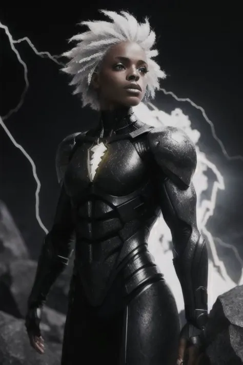 black humanoid femade of rock, upper body, barechested, male, ((masterpiece, best quality)), cracked skin, white electricity coming through cracks, muscular female, (dragonborn:0.6), white hair outdoors, detailed background, depth of field