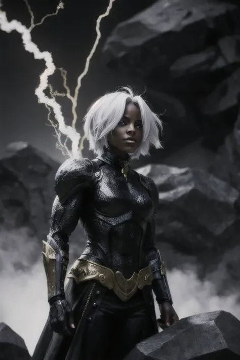 black humanoid made of rock, upper body, barechested, female, ((masterpiece, best quality)), cracked skin, white electricity coming through cracks, muscular female, (dragonborn:0.6), white hair outdoors, detailed background ,dragonborn, AnimeRage, Cracked Skin , depth of field