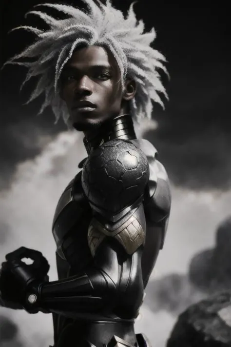 a woman with dreadlocks and a helmet standing in front of a cloudy sky